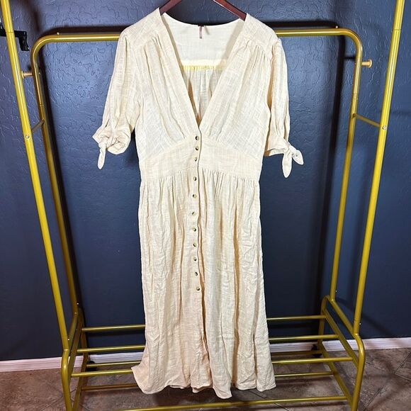 Cream Maxi Sundress with Puff Sleeves and V-Neck - Picture 1 of 10